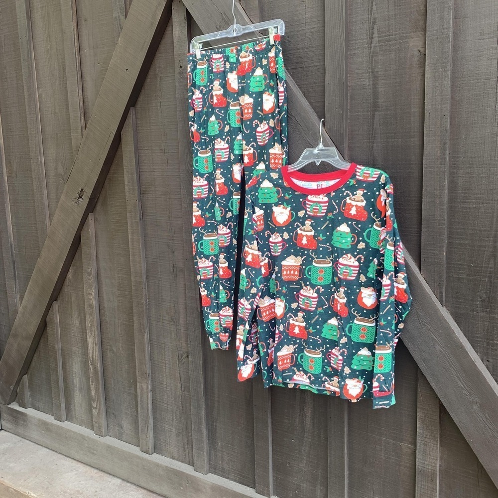 PJ Place Christmas Pajama Set M Green Santa Cocoa 100% Cotton Holiday Lounge